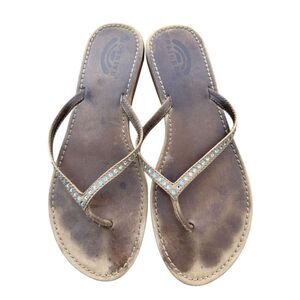 Rainbow Brown Leather Sandals Size 10 Crystal